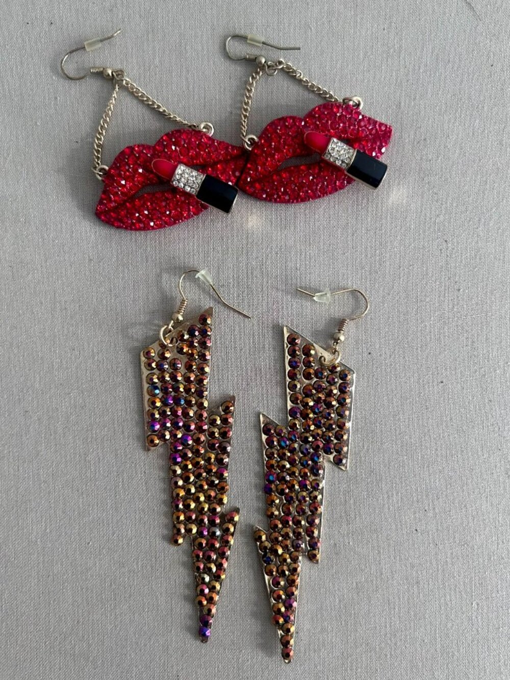 Rhinestone Lighting Bolt and Lipstick Gold Earrings Bundle